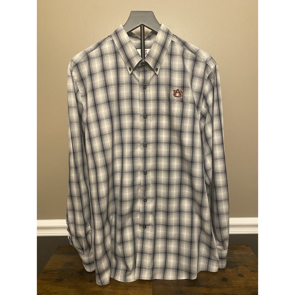 Cutter & Buck Auburn Tigers Shirt Men Large Blue White Button Long Sleeve Plaid